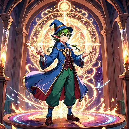 an elf man  magician casting a spell,a character that has been drawn on the anime scene,yuya,schierstein,eto,nino,reza,zampieri,Anime,Anime,Traditional