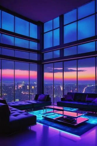 sky apartment,penthouses,glass wall,skybar,skyloft,apartment lounge,skydeck,colored lights,great room,colorful light,modern living room,livingroom,night glow,living room,blue room,blue hour,skylights,windows wallpaper,dreamhouse,neon lights,Illustration,Retro,Retro 07