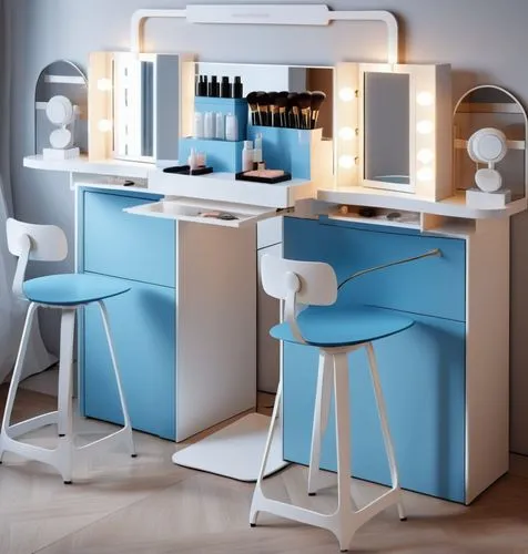 Skincare pop-up makeup table design, minimal design, main color is white, sub color is blue, netro,dressing table,kitchenette,writing desk,barstools,secretary desk,kitchen design,bar stools,sideboard,