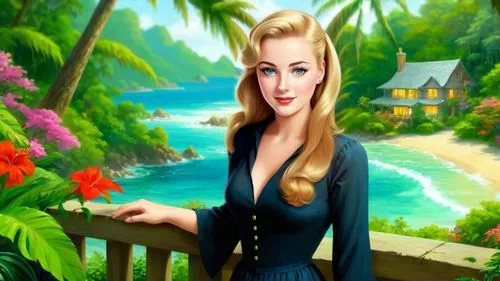 Romantic masterpiece oil painting, cute girl portrait, nostalgic 1950's style kitsch, vibrant rainforest landscape, lush tropical jungle paradise, summer beach vacation seaside cottage scenery, by Tho