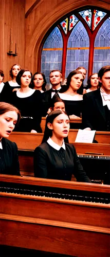 Choir, singing group, harmonious voices, mixed gender, formal wear, classical music, grand piano accompaniment, dimmed light, warm atmosphere, intimate setting, wooden pews, stained glass windows, sym