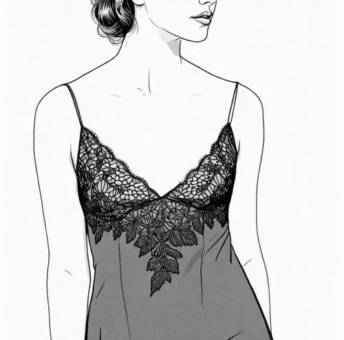 a drawing of a woman with eye makeup on her face,cheongsam,corsetry,evening dress,camisole,eveningwear,necklines,Design Sketch,Design Sketch,Detailed Outline