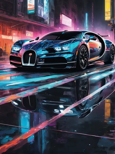 Design a futuristic Bugatti with holographic paint, glowing in a neon-lit dystopian city.,bugatti chiron,bugatti,bugatti veyron,lamborghini aventador,lamborghini aventador s,veyron,3d car wallpaper,av