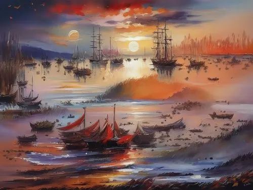 sailing ships,fantasy landscape,harbor cranes,sea sailing ship,sailing boats,sea landscape,sailing ship,sailboats,harbor,boat landscape,world digital painting,chinese art,pirate ship,sea fantasy,three