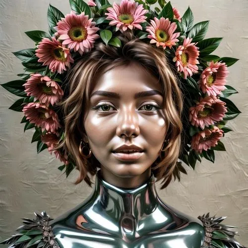 girl in a wreath,flowerhead,girl in flowers,flora,diwata,blooming wreath,flower crown of christ,flowerheads,wreath of flowers,flower art,png sculpture,floral wreath,african daisies,flower wreath,flower girl,artist's mannequin,woman sculpture,afrofuturism,bodypainting,flower crown