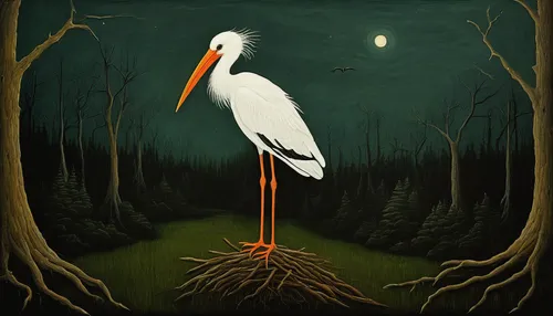 ivory-billed woodpecker,rattle stork,stork,bird illustration,nocturnal bird,halloween illustration,white storks,dalmatian pelican,storks,white stork,whooping crane,egret,bird on the tree,wading bird,white heron,black-billed stork,ibis,marsh bird,haunted forest,bird on tree,Art,Artistic Painting,Artistic Painting 02