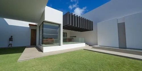 DISEÑO DE UNA PALAPA  ESTILO MINIMALISTA, CON PERGOLAS DE CONCRETO, ELEMENTOS PARA SOMBRE, LOSA DE CONCRETO CON CANAL DE ACERO, CANCELES DE ALUMINIO CON CRISTAL, MURO CASCADA CON ESPEJO DE AGUA,a mode