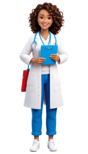 Cute doctor, Clipart style, Cartoonish, Smiling face, Curly brown hair, White medical coat, Stethoscope around neck, Blue scrubs, Sneakers, Holding red heart-shaped clipboard, Standing pose, Soft focu