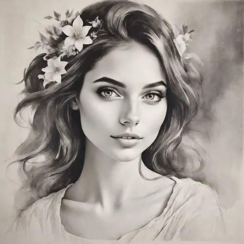 beautiful girl with flowers,girl portrait,fantasy portrait,flower painting,romantic portrait,margairaz,behenna,charcoal drawing,digital painting,girl in flowers,donsky,pencil drawing,girl drawing,charcoal pencil,pencil art,pencil drawings,flower crown,young woman,mystical portrait of a girl,gardenias