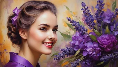 flower painting,perfuming,splendor of flowers,art painting,lavender oil,flower background,photo painting,purple background,portrait background,romantic portrait,beautiful girl with flowers,lilacs,lilas,oil painting on canvas,vintage lavender background,violet flowers,violette,oil painting,the lavender flower,violaceous,Conceptual Art,Daily,Daily 32