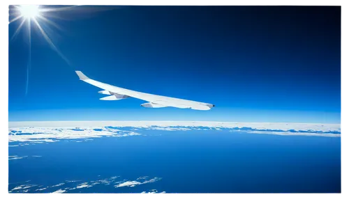 airplane window view, aerial photography, blue sky, fluffy white clouds, sun shining through window, wing of plane in frame, slight reflection on glass, 3/4 composition, panoramic view, vivid color to