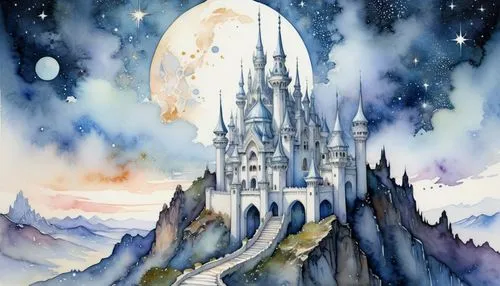 gondolin,fairy tale castle,tirith,disney castle,castle of the corvin,cinderella's castle,alfheim,spires,fairytale castle,thingol,silmarillion,erebor,knight's castle,citadels,seregil,nargothrond,fantasy world,sleeping beauty castle,ice castle,watercolor background,Illustration,Paper based,Paper Based 15