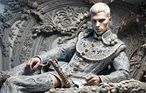 imperial coat,male elf,silversmith,silver lacquer,cullen skink,silver octopus,suit of the snow maiden,father frost,huntsman,prince of wales feathers,baroque,aristocrat,eternal snow,watchmaker,silvery,throne,king arthur,the throne,silver,monarchy