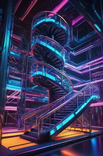 Futuristic dna design architecture, helix structure, double strands, genetic code, molecule details, metallic materials, glass surfaces, neon lights, cyberpunk atmosphere, high-tech laboratory, sci-fi