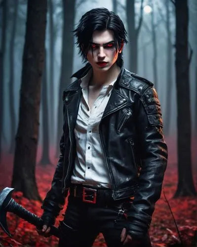 Vampire, pale skin, Fortnite character, detailed facial features, glowing red eyes, sharp fangs, black eyeliner, messy black hair, white shirt with torn sleeves, black leather jacket, ripped jeans, co