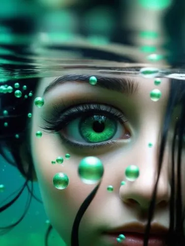 immersed,submersed,pond lenses,submerge,precognition,cybernetically,submerged,underwater background,green bubbles,transhuman,mirror of souls,cyberspace,under the water,submerging,naiad,women's eyes,fluidic,cybernetic,holography,under water,Conceptual Art,Fantasy,Fantasy 12