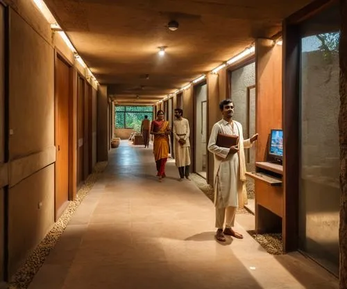 a man stands in front of a wall holding a binder while three people are standing beside him,auroville,guruvayur,corridor,mahabalipuram,panchavadyam,gurukul,Photography,General,Realistic