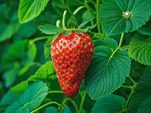 A strawberry,red strawberries hanging from a green plant,strawberry plant,strawberry ripe,strawberry flower,red strawberry,strawberry,strawberry tree,Photography,General,Realistic