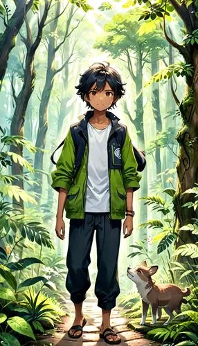 mowgli,forest man,children's background,2d,game illustration,background image,forest animals,forest background,adventure game,monkey island,studio ghibli,boy and dog,forest walk,pachamama,kids illustration,zookeeper,world digital painting,forest animal,kabir,miguel of coco,Anime,Anime,Realistic