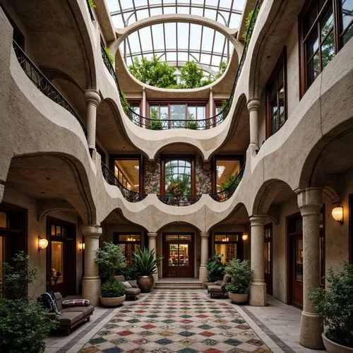 Ornate Art Nouveau building, flowing organic forms, sinuous lines, curved metalwork, intricate stone carvings, stained glass windows, vibrant colored tiles, ornamental balconies, twisted iron railings