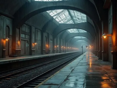 Brutalist train station, industrial atmosphere, copper material accents, rusty tones, exposed concrete walls, metallic beams, geometric shapes, modernist architecture, urban landscape, cityscape, rain