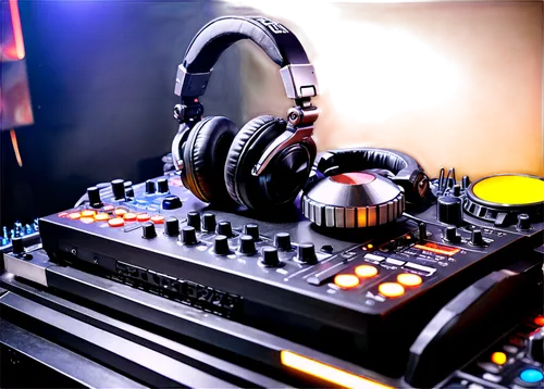 Audio equipment, DJ booth, microphone, headphones, sound mixer, speakers, knobs, buttons, LED lights, metallic surface, reflective finish, high-tech details, shallow depth of field, dramatic lighting,