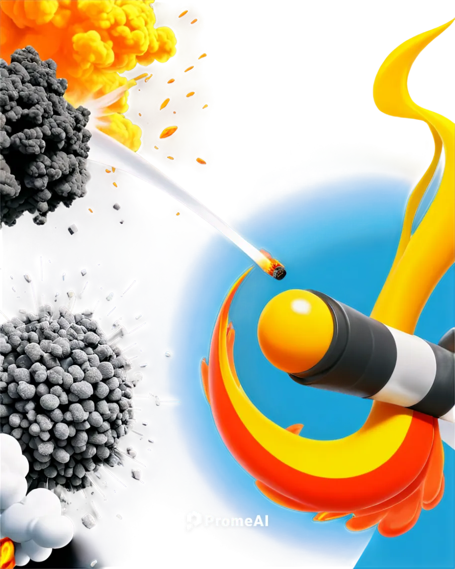 Illustration, cartoon style, humorous, colorful, educational, Newton's third law, action-reaction, two objects, same size, opposite directions, collision, explosion, smoke, debris, dynamic composition