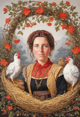 floral and bird frame,bornholmer margeriten,rosella,savchenko,girl in a wreath,poppycock,Digital Art,Comic