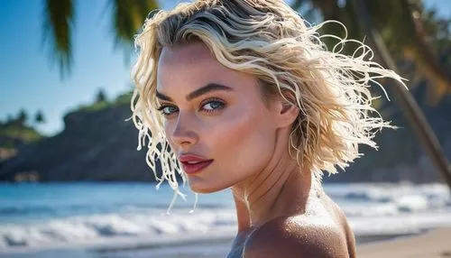 Margot Robbie, wet, sexy lady, 20s, beautiful detailed eyes, light blush, blonde hair, beach waves hairstyle, natural makeup, red lips, wet white swimsuit, bare shoulder, sensual pose, ocean water spl