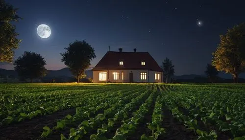 farm house,home landscape,lonely house,farmhouse,little house,vegetables landscape,bed in the cornfield,country house,country cottage,witch's house,small house,moonlit night,beautiful home,night image,fireflies,night scene,farmstead,night photography,creepy house,witch house,Photography,General,Realistic