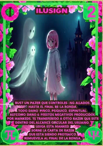 NIÑA FANTASMA CABELLO ROSA
,a card with a pink background and green border,cd cover,tracklistings,lifesong,leemon,elysion,illarion,Anime,Anime,Traditional