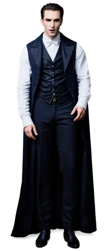 Male vampire, Dracula, solo, (250yo), pale skin, sharp fangs, bloodshot eyes, black cape, Victorian-era suit, white shirt, black vest, formal trousers, black boots, standing, mysterious, dark atmosphe