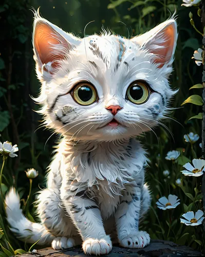 A cute adorable white little cat with big eyes, illustration by jim lee, perfect coloring, 8k,cute cat,cartoon cat,blossom kitten,cute cartoon character,blue eyes cat,cat with blue eyes,white cat,flow