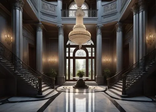 entrance hall,cochere,hallway,foyer,amanresorts,staircase,lobby,neoclassical,hallway space,outside staircase,enfilade,atriums,entranceway,royal interior,corridor,winding staircase,circular staircase,corridors,entryway,entranceways,Illustration,Black and White,Black and White 20