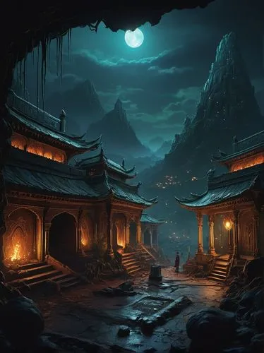 khandaq,fantasy landscape,ancient city,night scene,world digital painting,fantasy picture,rongfeng,dalixia,khwarezmid,cartoon video game background,game illustration,background design,mountain settlement,shaoshan,tianxia,meteora,jonidan,backgrounds,concept art,moonlit night,Illustration,Abstract Fantasy,Abstract Fantasy 19