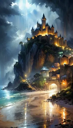 fantasy landscape,fantasy picture,forteresse,dragonstone,fantasy art,cliffside,gondolin,world digital painting,fantasy city,citadels,seaside resort,castle,castel,theed,gold castle,knight's castle,waterdeep,castle of the corvin,tirith,seregil,Conceptual Art,Oil color,Oil Color 03