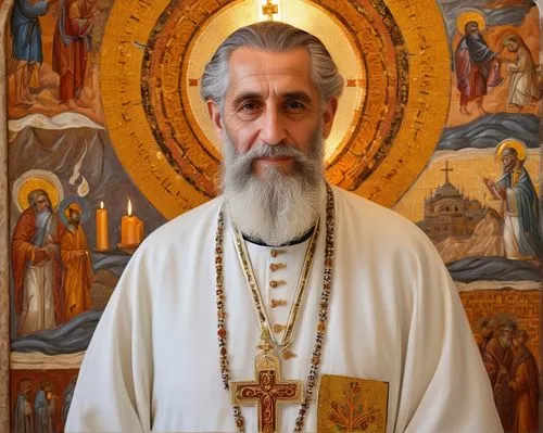 Orthodox priest, creation icon, holy spirit, golden halo, long white beard, brown hair, kind eyes, gentle smile, white clerical robes, golden embroidery, ornate crosses, candles, incense, ancient temp