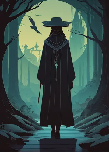 scythe,the wanderer,pilgrim,wanderer,cloak,grimm reaper,wizard,witch's hat,grim reaper,wander,gamekeeper,game illustration,witch broom,investigator,mage,witch hat,witch,mystery book cover,farmer in the woods,dodge warlock,Illustration,Vector,Vector 05