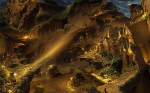 fantasy landscape,fairy village,devilwood,druid grove,mountain settlement,ravine,pit cave,ancient city,meteora,cave,dungeons,karst landscape,northrend,cave tour,aurora village,dungeon,stalagmite,fantasy picture,mountain village,the valley of the