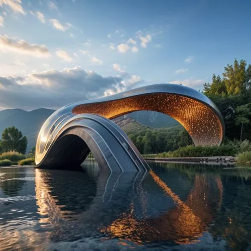 a curved metal structure sitting on top of a lake,steel sculpture,sculpture park,helix,dolphin fountain,heatherwick,garden sculpture,Photography,General,Realistic