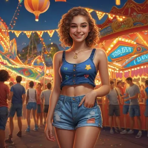 adventureland,joyland,annabeth,girl in overalls,zamperla,oktoberfest background,carnival tent,neon carnival brasil,jean shorts,retro girl,carmelita,luzia,carnie,alia,circus,golden swing,goldbergs,fairgoers,funfair,daya,Illustration,Realistic Fantasy,Realistic Fantasy 27