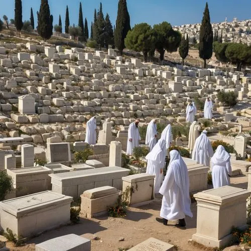 Jewish cemetery - Mount of Olives, dead people come out of the graves dressed in white shrouds with long beards and a smile on their lips,jew cemetery,jewish cemetery,central cemetery,australian cemet