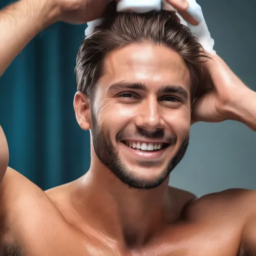 a man is smiling with his shirt off while holding his hair comb,gynecomastia,male toiletries,pelado,microdermabrasion,laser teeth whitening,haegglund