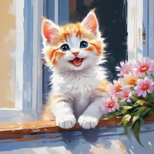 blossom kitten,ginger kitten,flower cat,calico cat,flower painting,digital painting,little cat,pet portrait,kitten,cat portrait,cute cat,turkish van,ginger cat,stray kitten,red tabby,young cat,drawing cat,flower animal,calico,springtime background,Conceptual Art,Oil color,Oil Color 10