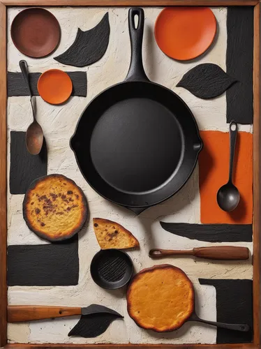 Describe a cozy kitchen scene with a sizzling cast iron skillet.,cookware and bakeware,cast iron skillet,copper cookware,cast iron,ceramic hob,cooking utensils,vegetable pan,kitchenware,dinnerware set