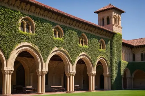 Stanford University, Romanesque Revival architecture, sandstone buildings, arcades, columns, arches, domes, red-tiled roofs, ivy-covered walls, beautiful detailed stone carvings, intricate ornate deco