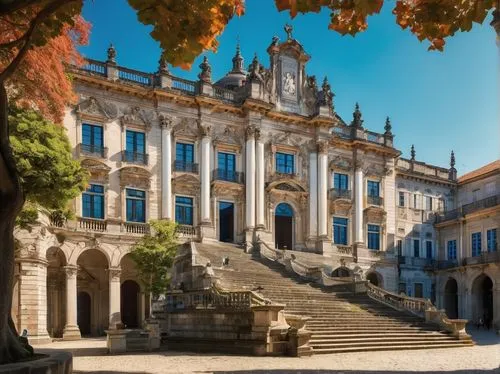 Porto University, grandiose Baroque architecture, intricate stone carvings, ornate facades, towering columns, sweeping staircases, vibrant blue skies, warm sunlight casting dramatic shadows, lush gree