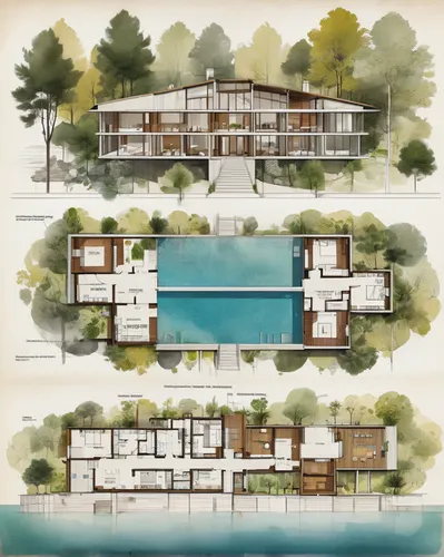 (interior design plan:1.3) of a modern house community, inspired byi, modernism, build in a forest near of a lake, wooden, andrei riabovitchev symmetrical, glass windows, integrated in the mountains,a