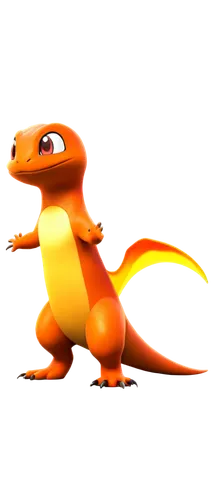 Charmander, lizard Pokémon, orange-yellow body, flame pattern on tail, small wings, claws, scales, fiery eyes, standing pose, front view, dynamic lighting, warm color tone, cinematic composition, shal