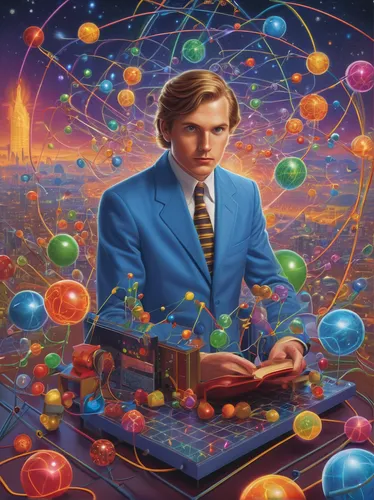 ernő rubik,physicist,theoretician physician,molecule,scientist,sci fiction illustration,psychedelic art,atom,science fiction,atoms,biologist,man with a computer,quantum physics,science-fiction,computational thinking,euclid,chemist,inventor,trip computer,dimensional,Illustration,Retro,Retro 16